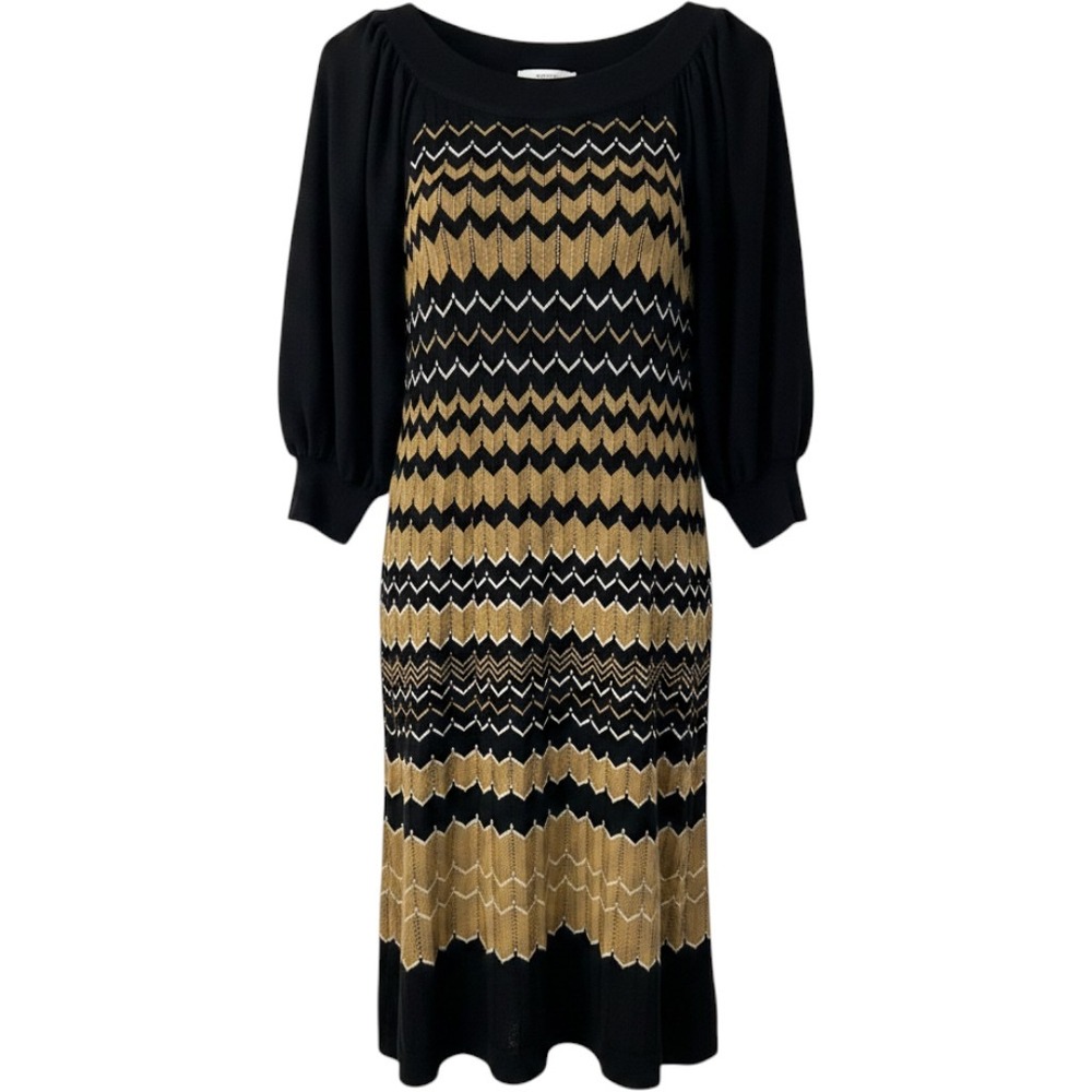 New Directions Womens Gold Black Chevron Knit Sweater Dress Puff Sleeve Large